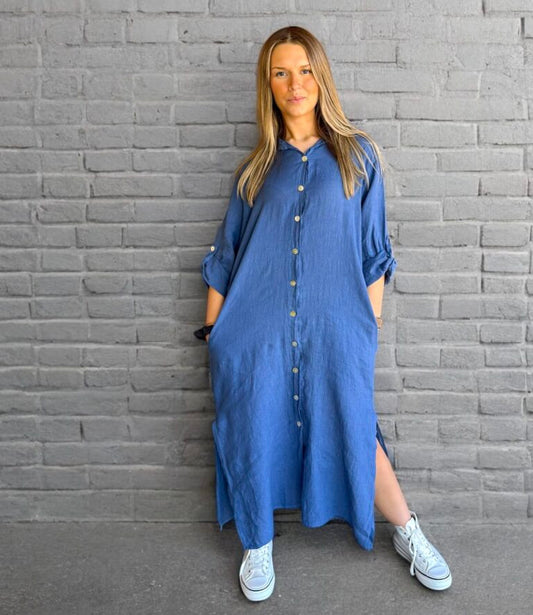 LINNEKLÄNNING med skjortknäppning Jeans