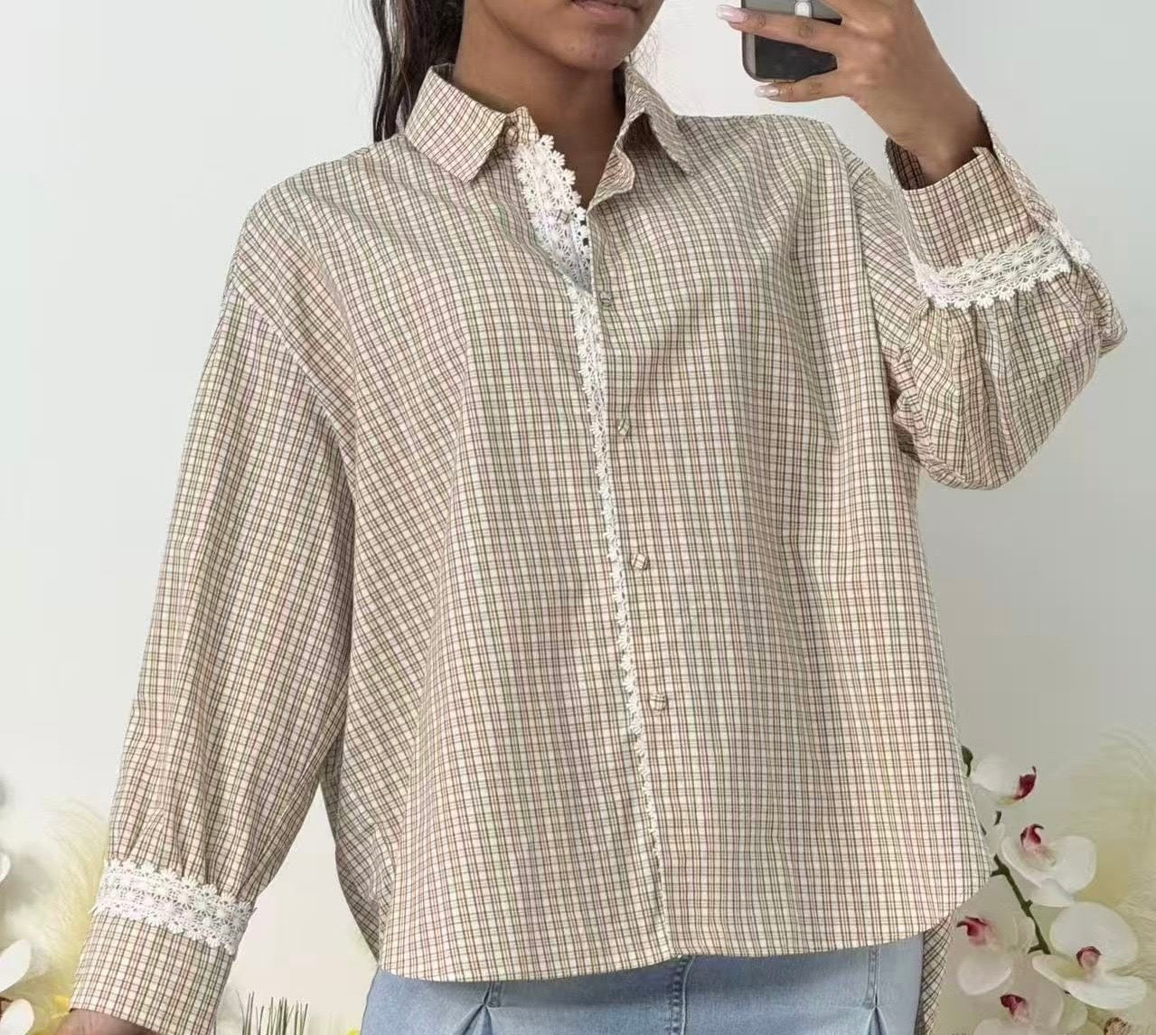 SKJORTA Rutig Spets Beige (Inkommer 25/1)