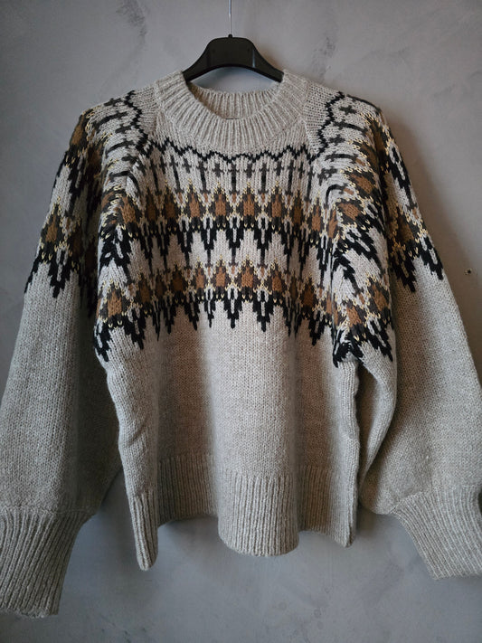 STICKAD TRÖJA Beige/grå Mönstrad